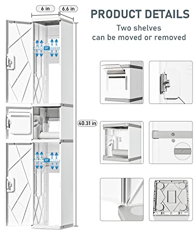 ESTHELLO Bathroom Storage Cabinet with Roll Toilet Paper Holder, Narrow Tall Cabinet Storage, Waterproof Coner Shelf, Compact Bathroom Storage Organizer for Small Bathroom (3 Layers)