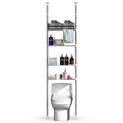 Over The Toilet Storage, 91-124 Inch Adjustable Bathroom Organizer, 4-Tier Stainless Steel Toilet Rack Storage Shelf, Bathroom Organizer, Easy to Assemble Spacesaver, DIY Size Height