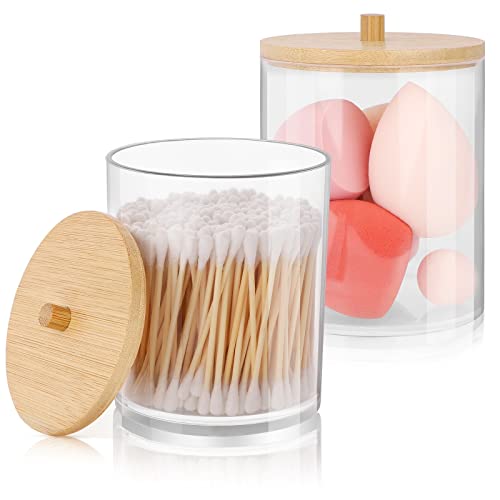 TCJJ 2 Pack 15 Oz Acrylic Qtip Holder Dispenser Bathroom Jars with Bamboo Lids, Cotton Ball Pad Round Swab Holder for Bathroom Accessories Storage Organizer