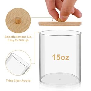 TCJJ 2 Pack 15 Oz Acrylic Qtip Holder Dispenser Bathroom Jars with Bamboo Lids, Cotton Ball Pad Round Swab Holder for Bathroom Accessories Storage Organizer