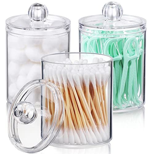 AOZITA 7 Pack Qtip Holder Dispenser for Cotton Ball, Cotton Swab, Cotton Round Pads, Floss - 10 oz Clear Plastic Apothecary Jar Set for Bathroom Canister Storage Organization, Vanity Makeup Organizer