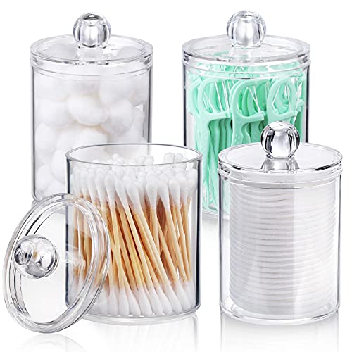 AOZITA 7 Pack Qtip Holder Dispenser for Cotton Ball, Cotton Swab, Cotton Round Pads, Floss - 10 oz Clear Plastic Apothecary Jar Set for Bathroom Canister Storage Organization, Vanity Makeup Organizer