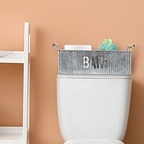 MyGift Currogated Galvanized Metal Rectangular Storage Basket with Wooden Handles, Bathroom Toiletries Holder, Organizer Bin with Bath Cutout Label