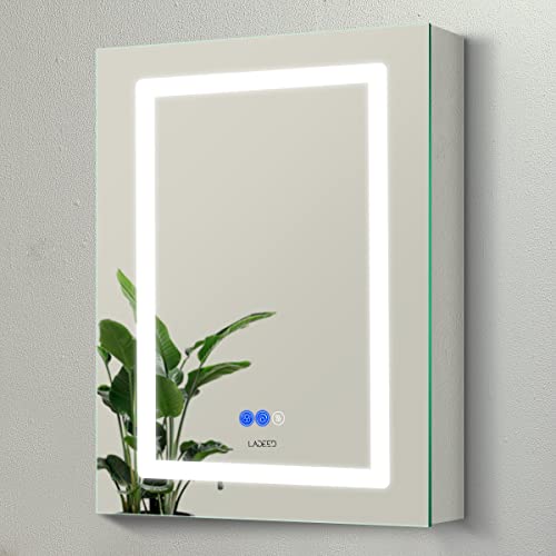 LADEED 26 x 20 Inch Led Medicine Cabinet Outlet, Lighted Medicine Cabinets for Bathroom with Mirror, Recessed or Surface Wall Mounted, Defogger, Dimmer, Glass Door Cabinet with Single Door