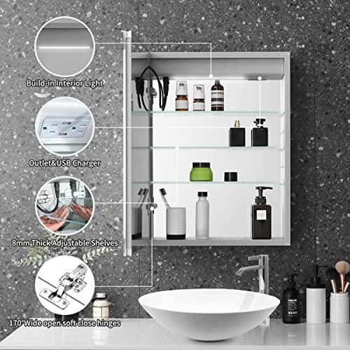 LADEED 26 x 20 Inch Led Medicine Cabinet Outlet, Lighted Medicine Cabinets for Bathroom with Mirror, Recessed or Surface Wall Mounted, Defogger, Dimmer, Glass Door Cabinet with Single Door