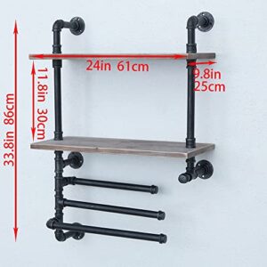 Industrial Towel Rack with 3 Towel Bar,24in Rustic Bathroom Shelves Wall Mounted,2 Tiered Farmhouse Pipe Shelving Wood Shelf,Metal Floating Shelves Towel Holder,Iron Distressed Shelf Over Toilet