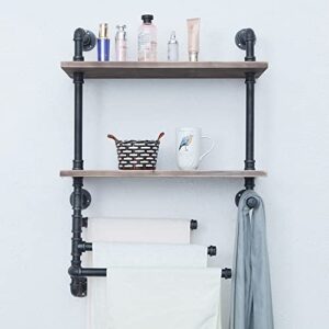 Industrial Towel Rack with 3 Towel Bar,24in Rustic Bathroom Shelves Wall Mounted,2 Tiered Farmhouse Pipe Shelving Wood Shelf,Metal Floating Shelves Towel Holder,Iron Distressed Shelf Over Toilet