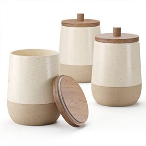 Barnyard Designs S/3 Ceramic Bathroom Canisters, Apothecary Jars with Lid, Qtip Holder Bathroom Set Cotton Ball Holder Jar for Bathroom Storage, Decorative Bathroom Jar with Lid, Spa Decor, 4.75x6, Beige