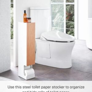 YAMAZAKI Home Dispenser-Bathroom Storage Holder Stand | Steel + Wood | Tall | Toilet Paper Stocker, Ash