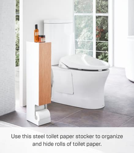 YAMAZAKI Home Dispenser-Bathroom Storage Holder Stand | Steel + Wood | Tall | Toilet Paper Stocker, Ash