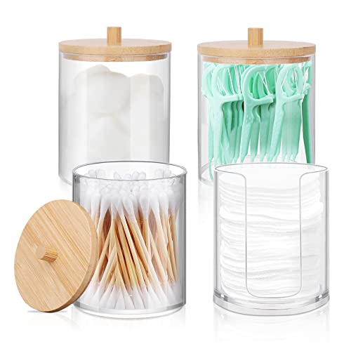 TCJJ 4 Pcs, 10 OZ Qtip Holder and Cotton Round Holder Set Apothecary Jars with Bamboo Lids, CLear Plastic Cotton Ball Pad Swab Holder for Bathroom Accessories Storage Organization