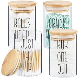 4 pack glass apothecary jars with bamboo lids, qtip holder dispenser bathroom canisters storage organizer for cotton swabs, pads, balls and dental floss