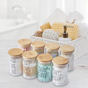 4 Pack Glass Apothecary Jars with Bamboo Lids, Qtip Holder Dispenser Bathroom Canisters Storage Organizer for Cotton Swabs, Pads, Balls and Dental Floss