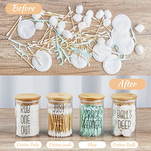 4 Pack Glass Apothecary Jars with Bamboo Lids, Qtip Holder Dispenser Bathroom Canisters Storage Organizer for Cotton Swabs, Pads, Balls and Dental Floss