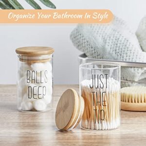 4 Pack Glass Apothecary Jars with Bamboo Lids, Qtip Holder Dispenser Bathroom Canisters Storage Organizer for Cotton Swabs, Pads, Balls and Dental Floss