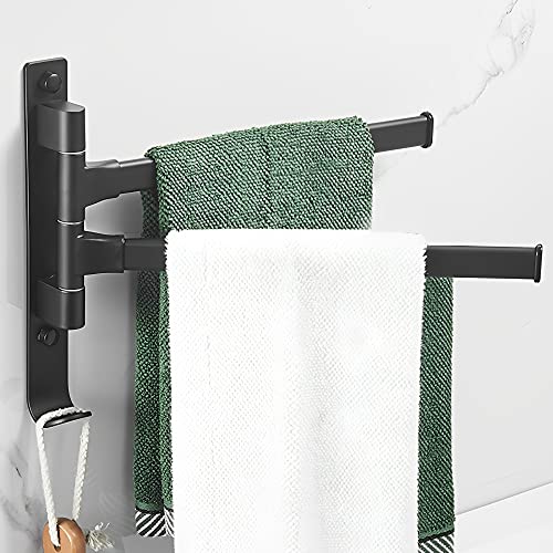 Swivel Towel Rack 2 Arms, Aluminium Two in ONE Towel Racks for Bathroom Space Saving Swing Out 180° Rotation- Strong Design Matte Black