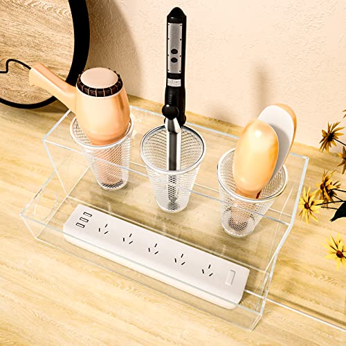 PecMuikee Hair Tool Organizer, Acrylic Hair Tool Caddy Countertop Blow Dryer Stand Storage with 3 Cups for Bathroom, Bedroom, Office, Clear