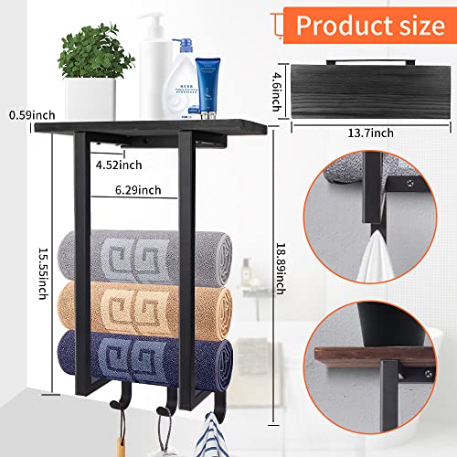 Towel Racks for Bathroom, Towel Rack Wall Mounted with Wood Shelf & 3 Hooks, Metal Towel Holders with Wooden Shelf for Bathroom Storage Organizer and Decor - Black