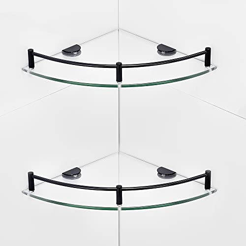 Paradmas Glass Corner Shelf 2 Pack - Floating Bathroom Shelves Tempered Glass Shelf with Rails SUS 304 Stainless Steel Wall Mounted Shower Organizer, 24cmx24cm 6mm, Black