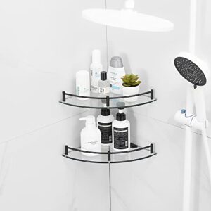 Paradmas Glass Corner Shelf 2 Pack - Floating Bathroom Shelves Tempered Glass Shelf with Rails SUS 304 Stainless Steel Wall Mounted Shower Organizer, 24cmx24cm 6mm, Black