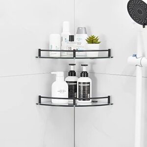 Paradmas Glass Corner Shelf 2 Pack - Floating Bathroom Shelves Tempered Glass Shelf with Rails SUS 304 Stainless Steel Wall Mounted Shower Organizer, 24cmx24cm 6mm, Black