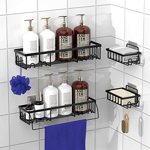 5 Pack Shower Caddy, Shower Shelf for Inside Shower, Bathroom Shower Organizer, Self Adhesive Shower Shelves, No Drilling Shower Rack Shower Storage with 20 Hooks, 2 Soap Holder, 1 Hanging Rod (Black)