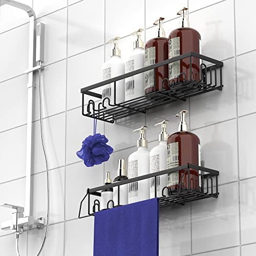 5 Pack Shower Caddy, Shower Shelf for Inside Shower, Bathroom Shower Organizer, Self Adhesive Shower Shelves, No Drilling Shower Rack Shower Storage with 20 Hooks, 2 Soap Holder, 1 Hanging Rod (Black)