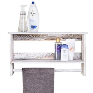 MyGift Wall Mounted Shabby White Washed Solid Wood Bathroom Accessories Organizer 2 Tier Display Shelf with Towel Bar