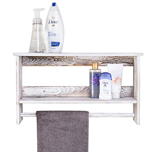 MyGift Wall Mounted Shabby White Washed Solid Wood Bathroom Accessories Organizer 2 Tier Display Shelf with Towel Bar