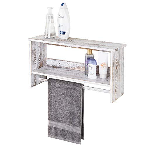 MyGift Wall Mounted Shabby White Washed Solid Wood Bathroom Accessories Organizer 2 Tier Display Shelf with Towel Bar