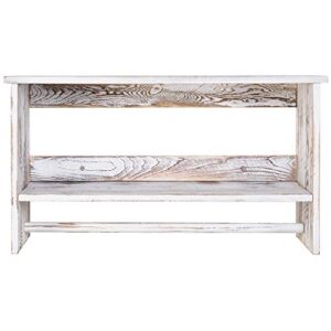 MyGift Wall Mounted Shabby White Washed Solid Wood Bathroom Accessories Organizer 2 Tier Display Shelf with Towel Bar