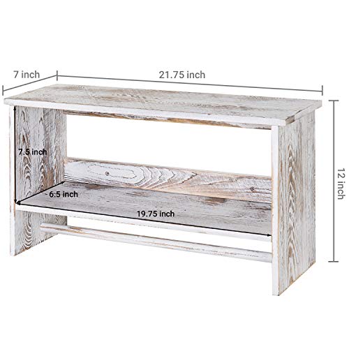 MyGift Wall Mounted Shabby White Washed Solid Wood Bathroom Accessories Organizer 2 Tier Display Shelf with Towel Bar