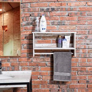 MyGift Wall Mounted Shabby White Washed Solid Wood Bathroom Accessories Organizer 2 Tier Display Shelf with Towel Bar