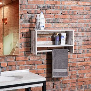 MyGift Wall Mounted Shabby White Washed Solid Wood Bathroom Accessories Organizer 2 Tier Display Shelf with Towel Bar