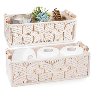 macrame storage basket boho decor bathroom basket for organizing, woven decorative basket toilet basket tank topper for bathroom decor bedroom nursery living room entryway (set of 2, ivory)