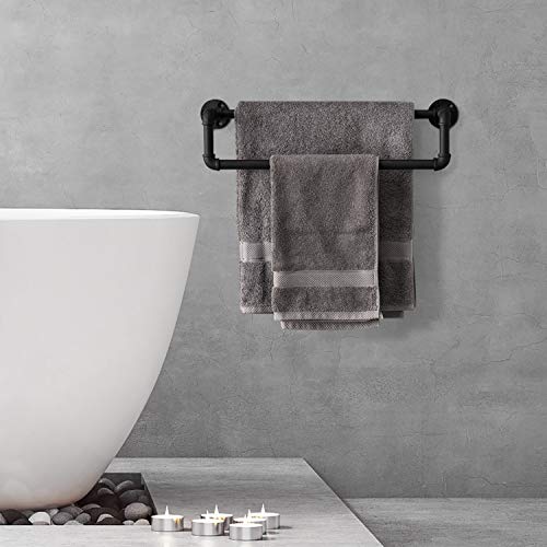 MyGift Industrial Metal Matte Black Towel Bar with Realistic Pipe Design, 2 Tier Wall Mount Bathroom Fixtures Bath Towel Rack