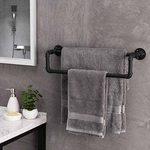 MyGift Industrial Metal Matte Black Towel Bar with Realistic Pipe Design, 2 Tier Wall Mount Bathroom Fixtures Bath Towel Rack