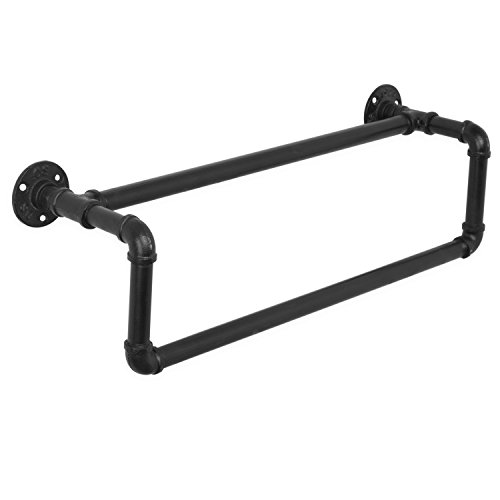 MyGift Industrial Metal Matte Black Towel Bar with Realistic Pipe Design, 2 Tier Wall Mount Bathroom Fixtures Bath Towel Rack