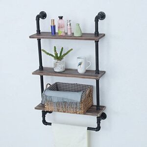 JIANZHUO Industrial Wood Bathroom Shelf Over Toilet with Towel Bar,Rustic Bathroom Shelves Floating Shelves 3 Tier,24in Pipe Shelves Pipe Shelf Towel Racks Wall Mounted,Farmhouse Pipe Shelving