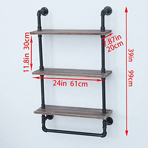 JIANZHUO Industrial Wood Bathroom Shelf Over Toilet with Towel Bar,Rustic Bathroom Shelves Floating Shelves 3 Tier,24in Pipe Shelves Pipe Shelf Towel Racks Wall Mounted,Farmhouse Pipe Shelving