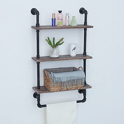 JIANZHUO Industrial Wood Bathroom Shelf Over Toilet with Towel Bar,Rustic Bathroom Shelves Floating Shelves 3 Tier,24in Pipe Shelves Pipe Shelf Towel Racks Wall Mounted,Farmhouse Pipe Shelving