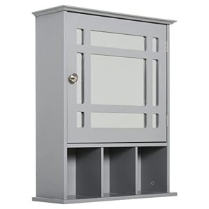 kleankin bathroom medicine cabinet wall mount with mirror door 3 shelf organizer for bathroom, kitchen, grey