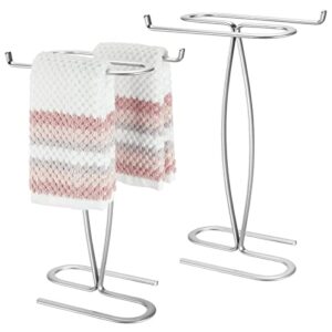 mdesign decorative modern metal fingertip, hand towel holder stand - for bathroom vanity countertops to display and store small guest towels - 2-sided, 14" high, 2 pack - chrome
