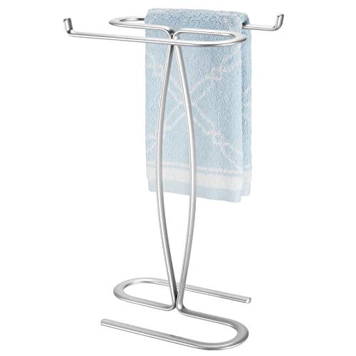 mDesign Decorative Modern Metal Fingertip, Hand Towel Holder Stand - for Bathroom Vanity Countertops to Display and Store Small Guest Towels - 2-Sided, 14" High, 2 Pack - Chrome