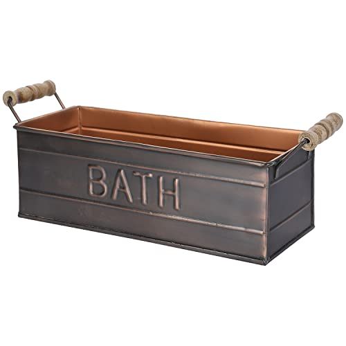 MyGift Vintage Bronze Metal Rectangular Storage Basket with Wooden Handles, Bathroom Toiletries Holder, Organizer Bin with Embossed Bath Label - Handcrafted in India