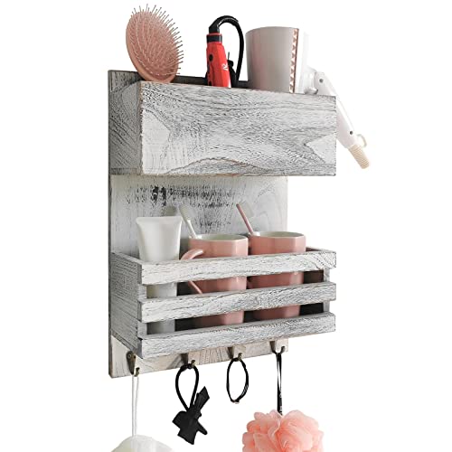 HAOYPAIC Wood Hair Dryer Holder Wall Mount, Bathroom Hair Care and Styling Tool Organizer, Farmhouse Wood Beauty Hair Appliance Holder with Shelf for Bathroom Accessories, Makeup, Toiletries (White)