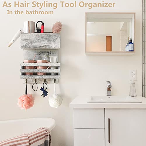 HAOYPAIC Wood Hair Dryer Holder Wall Mount, Bathroom Hair Care and Styling Tool Organizer, Farmhouse Wood Beauty Hair Appliance Holder with Shelf for Bathroom Accessories, Makeup, Toiletries (White)