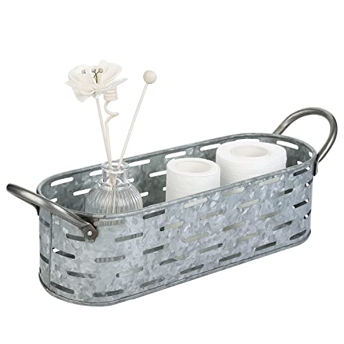 MyGift Rustic Galvanized Metal Storage Basket with Handles, Farmhouse Style Perforated Bathroom Potpourri Holder, Toiletries Organizer Bin - Handcrafted in India