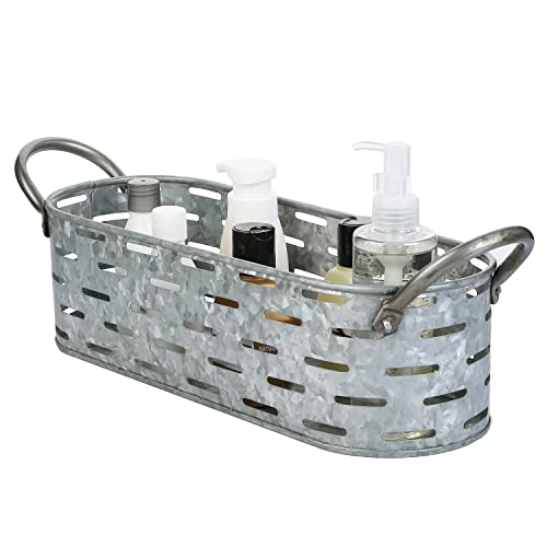 MyGift Rustic Galvanized Metal Storage Basket with Handles, Farmhouse Style Perforated Bathroom Potpourri Holder, Toiletries Organizer Bin - Handcrafted in India
