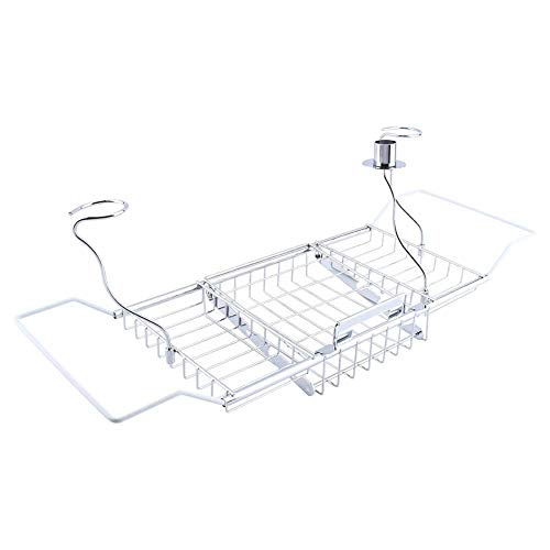 GOTOTOP Stainless Steel Tub Shampoo Bath Caddy Bathtub Caddy Tray, Stainless Steel Bathroom Bath Tub Table Caddy Tray Shelf with Extending Sides and Removable Wine Glass Book Holder Bath Organizer